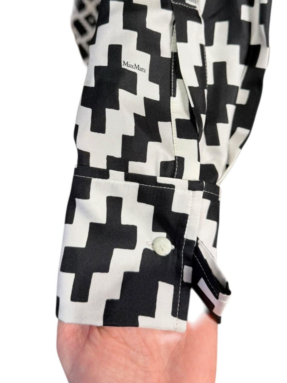 Max Mara Silk Shirt Geometric Print Cinched Waist Dress In Black & White Size 8 - Picture 8 of 13